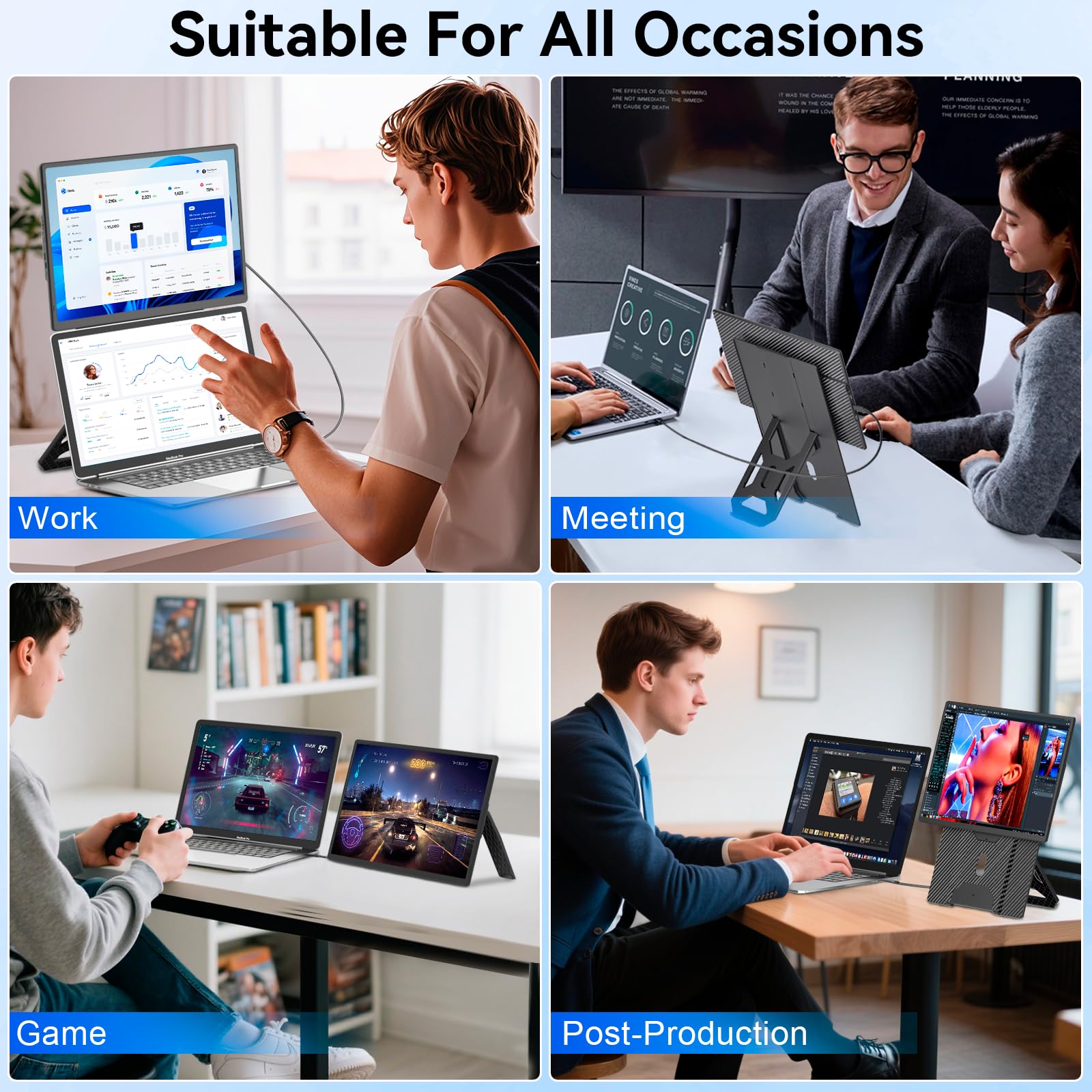 Monitor przenośny, 16" FHD 1200P Przedłużacz ekranu laptopa, regulowany w górę i w dół oraz obrotowy o 360°, odpinany stojak, monitor podróżny do laptopa, przenośny ekran dla Windows / PC / Mac