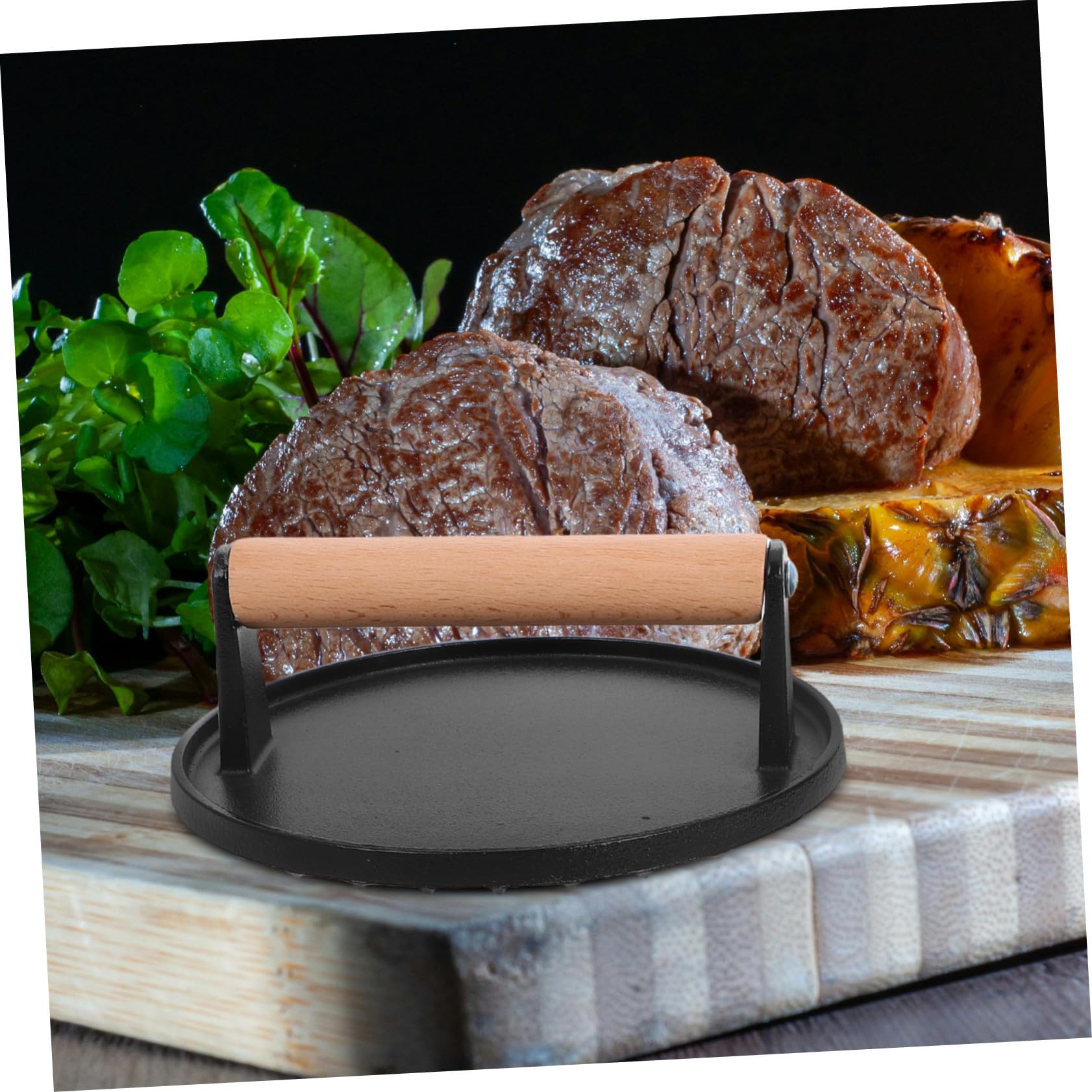 2 Prensas para Barbacoa de Hierro Fundido con Mango de Madera, Prensa para Hamburguesas y Alimentos, Formas Redonda y Rectangular, Alta Resistencia para Cocina