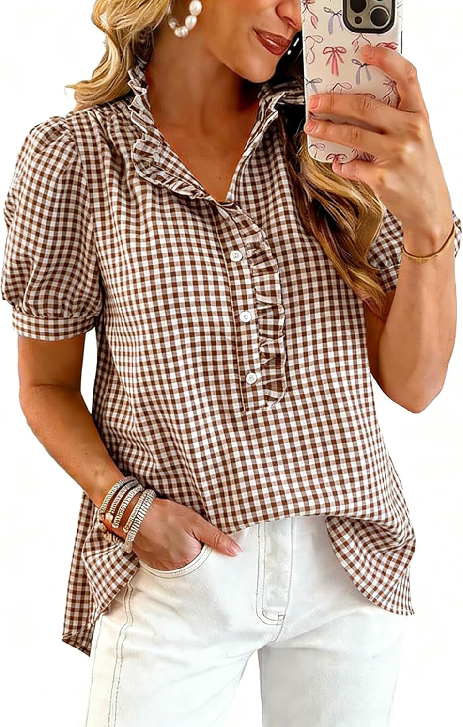 utcoco Womens 2026 Puff Short Sleeve Summer Tops Striped Plaid Ruffle Button Down Shirts Business Casual Work Blouse