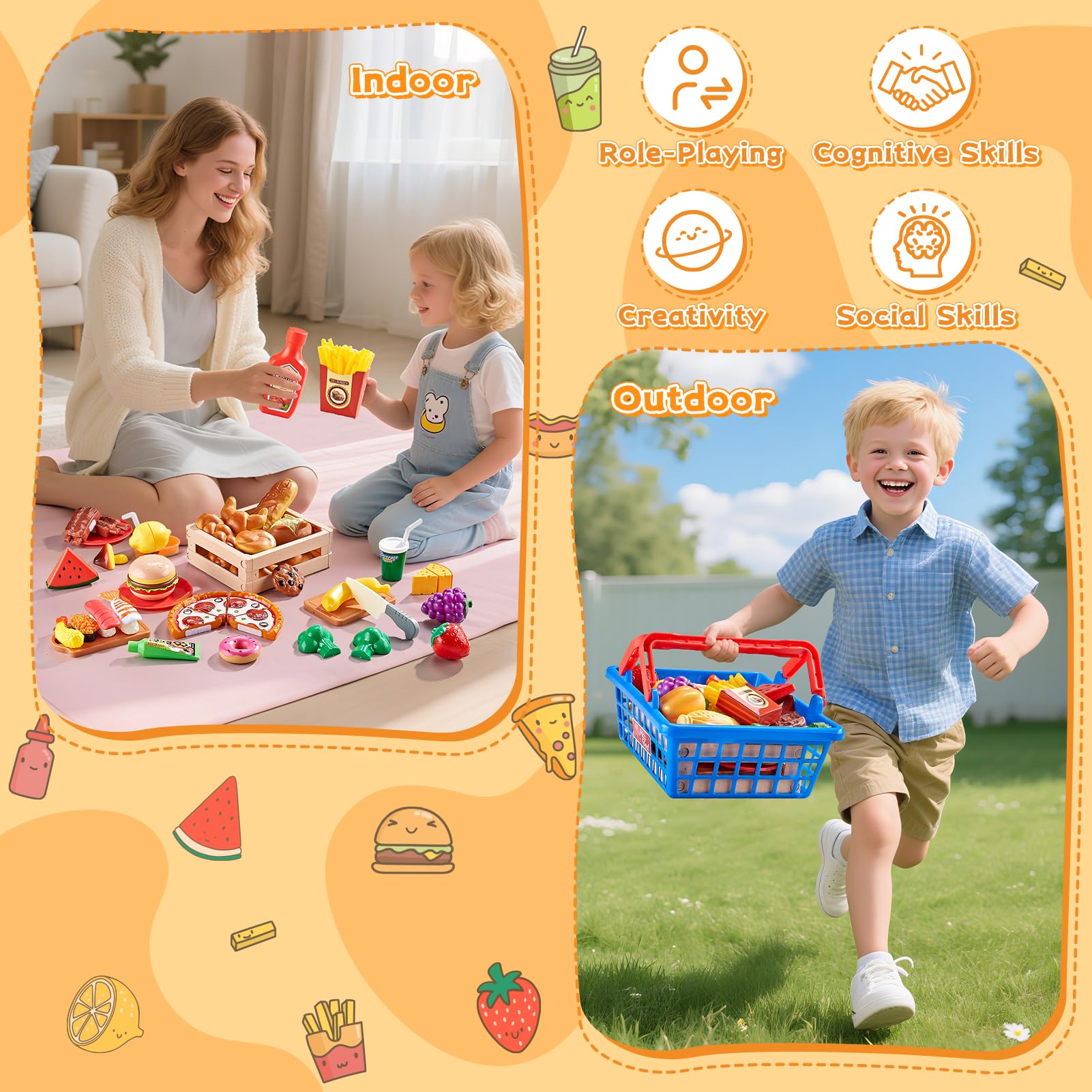 Spiellebensmittel-Set für die Kinderküche, Internationale Küche mit Schneidespielzeug-Lebensmitteln wie Pizza, Sushi und Gebäck, inklusive 2 Körben, Jungen und Mädchen.