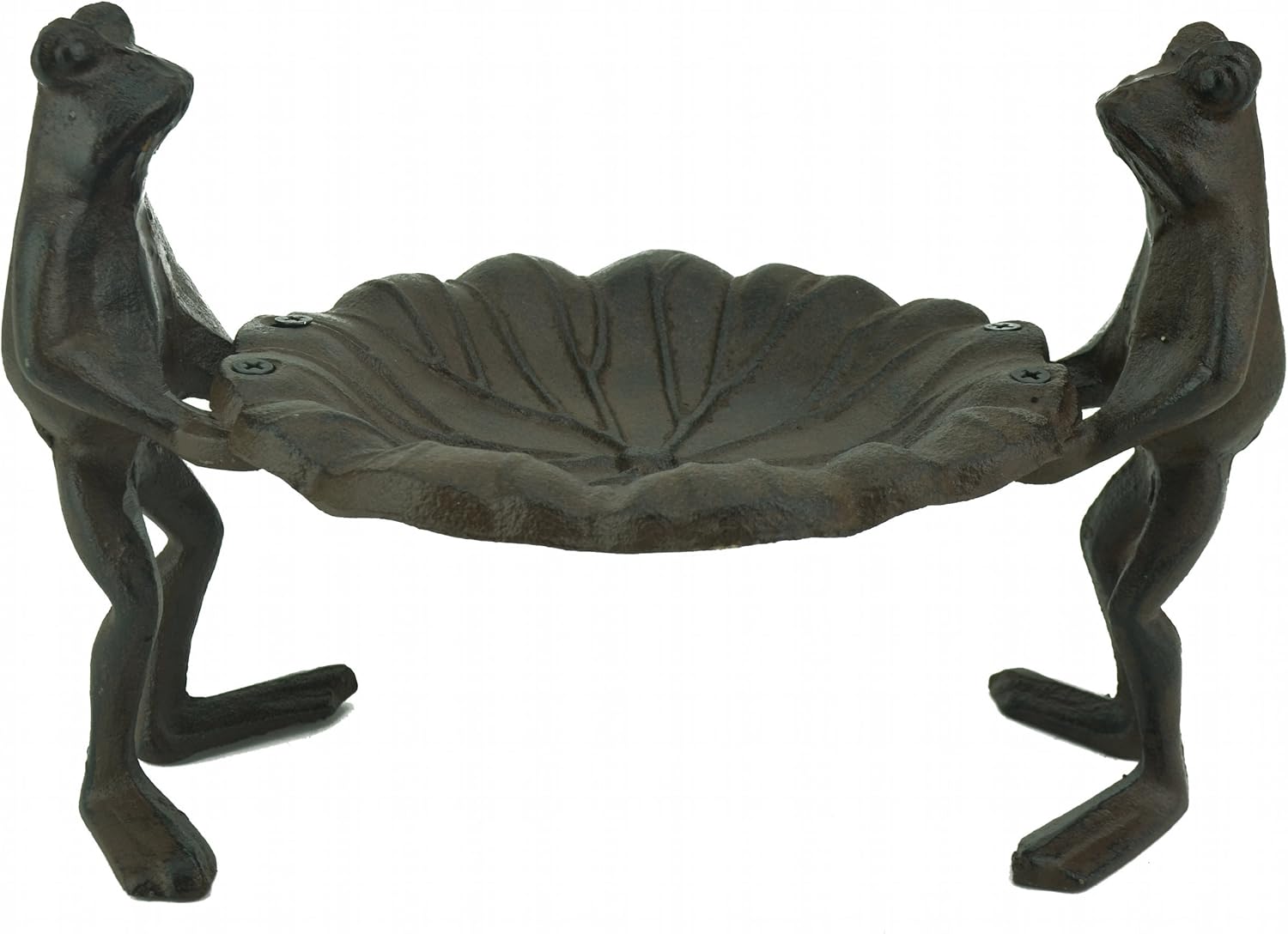 Decorative Cast Iron Bird Feeder Frogs Holding Leaf 5.75" Tall
