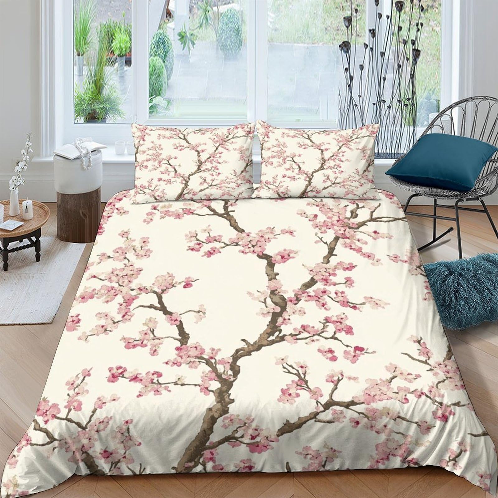 Ctjqhvkz Style-3 3D Printed Cherry Blossom Branch Fitted Sheet Microfiber Soft Breathable Japanese Style Bed Cover Bedroom Decor Mattress Cover Single（135X200cm）