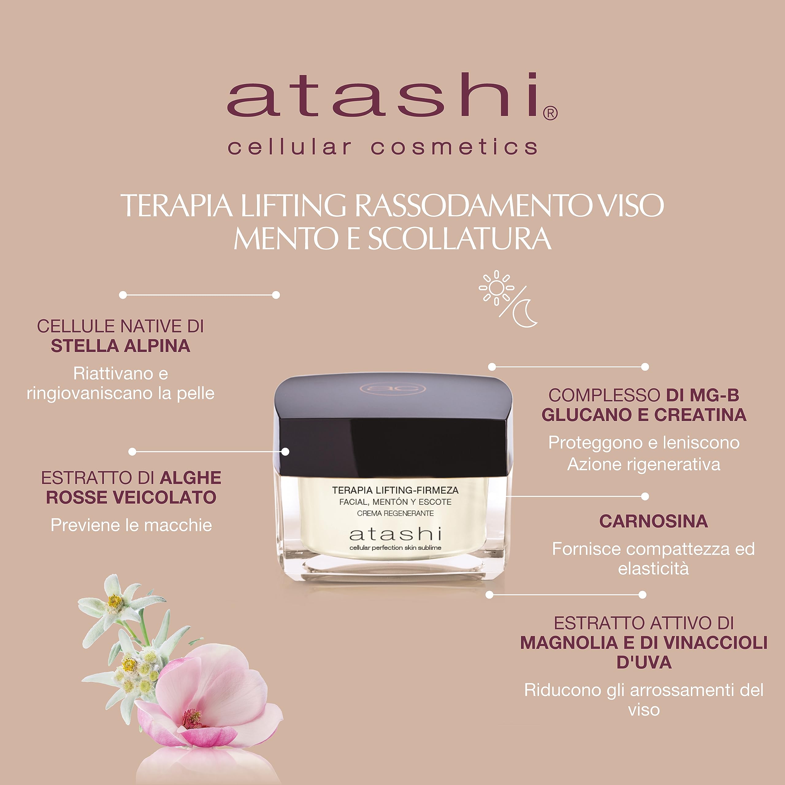 Atashi | Tonicità & Luminosità | Con Edelweiss & Carnosina | 50 ml | Terapia Lifting per Viso, Mento & Décolleté | Crema Rigenerante, Illuminante & Rassodante | Pelli Sensibili