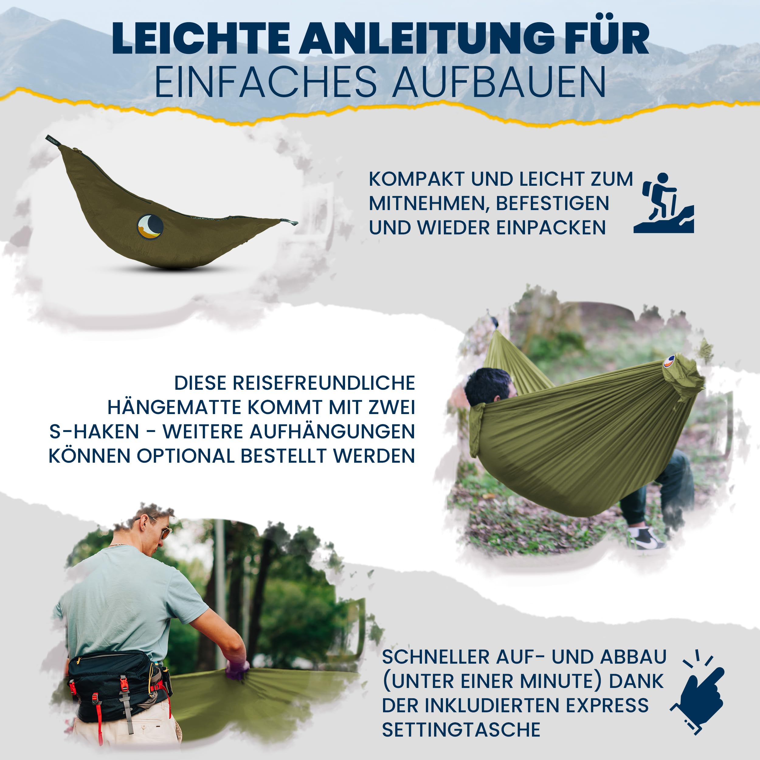 Ticket to the Moon Fair Trade & Artisanal Compact-Hamac Vert Militaire pour Voyages, Camping, Jardin, Maison, 3.2 * 1.55m, 480g, Durable Nylon en Soie De Parachute, Installation < 1min