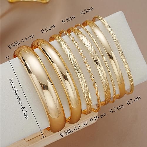 Miniatura 6 de YEEZII Pulseras de oro para mujer, 7 piezas chapadas en oro de 14 quilates, bohemias, indias, multiapilables, texturizadas, juego de pulseras