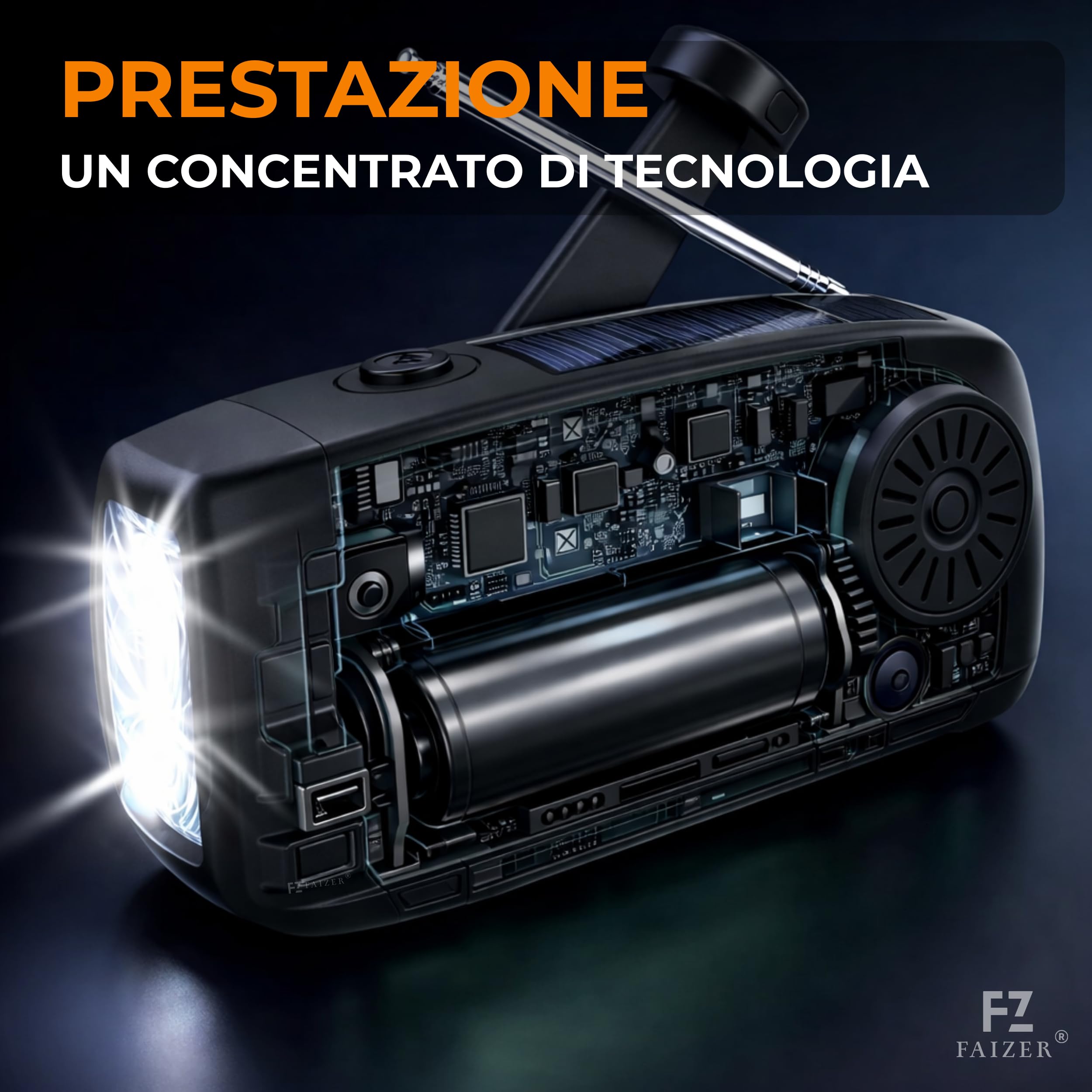 Radio portatile, Stazione meteo, Radiolina portatile, Radio FM/AM/WB, Power bank solare, Radio a Manovella Power Bank 2000 mAh per Ricarica Telefono di Emergenza, Kit di Sopravvivenza (Noir)