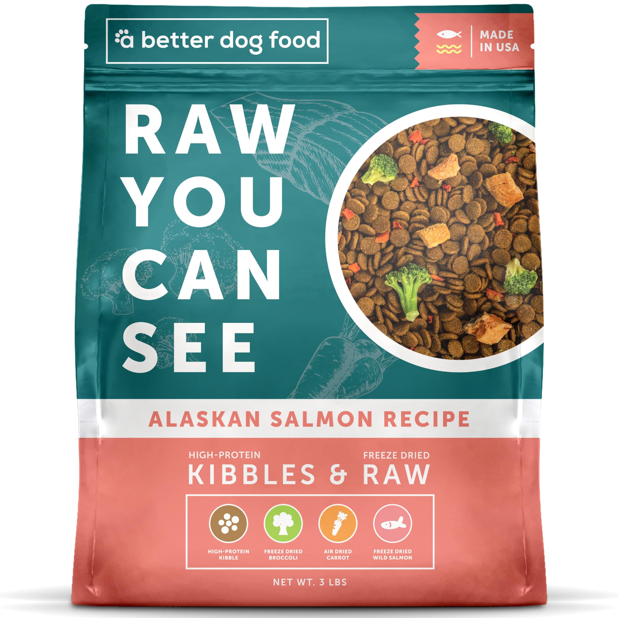 A Better Dog Food | Salmon Dry Dog Food | Raw You Can See | High Protein Kibble + Freeze Dried Raw Dog Food