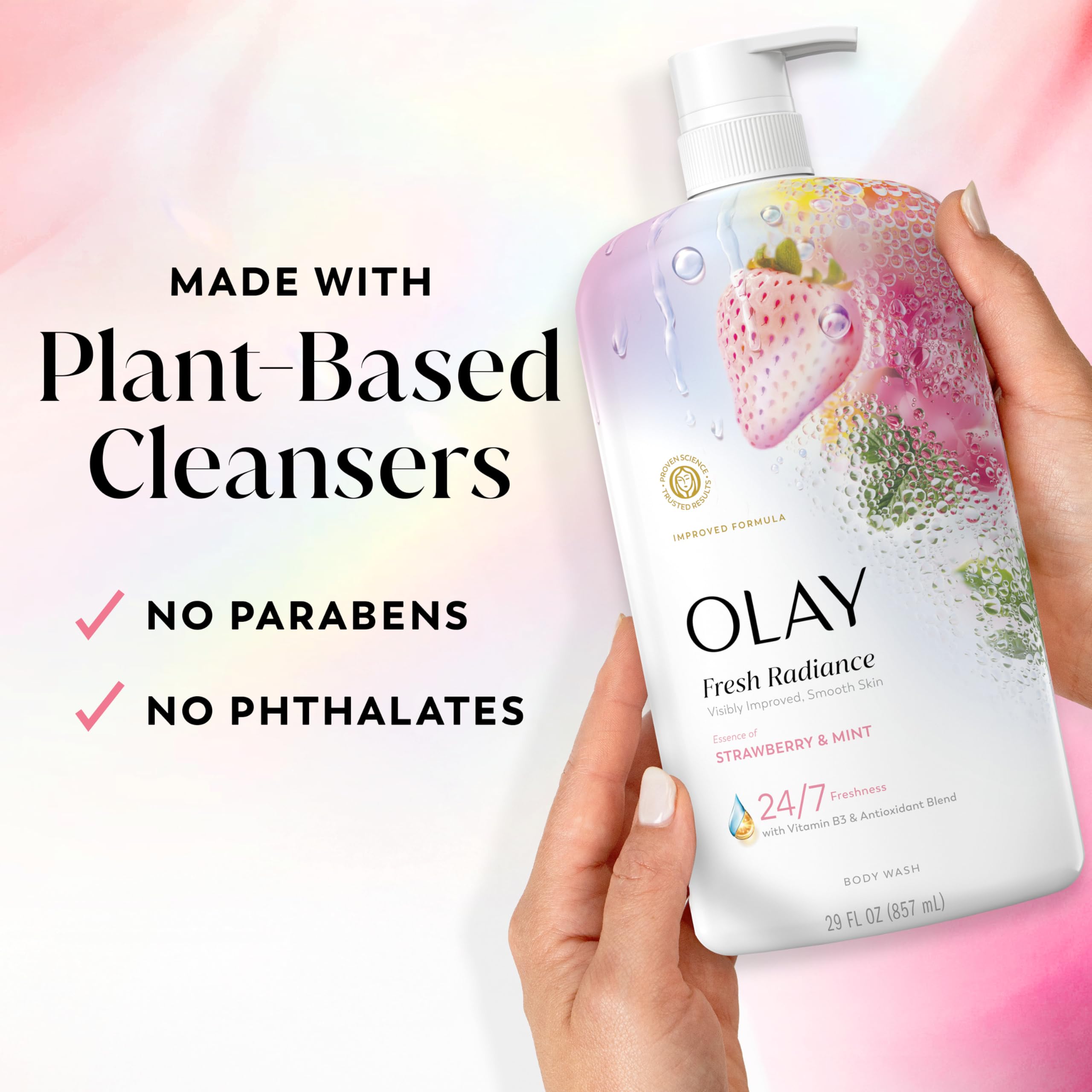 Olay Body Wash for Women, Fresh Radiance, 24/7 Skin-Loving Freshness, Visibly Radiant, Plant Based Cleansers, Vitamin B3 & Antioxidant Blend, For All Skin Types, Strawberry & Mint Scent, 29 fl oz - 5