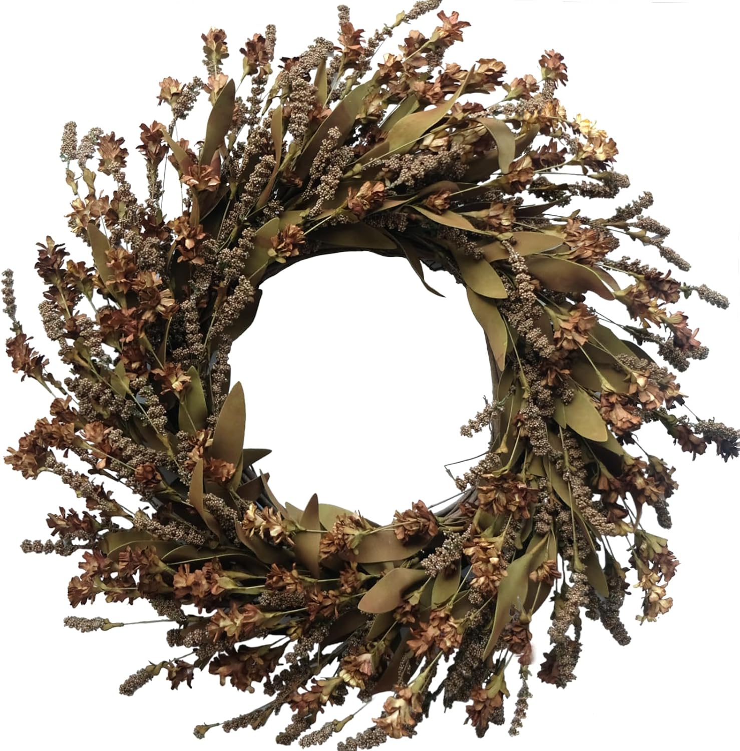 TEMPUS 20" Artificial Fall Coffee-Colored Flower String Wreath Fall Mustard Harvest Wreath Fall Leaves Grain Wreath Front Door Wall Decoration Christmas Harvest Thanksgiving Home Decor
