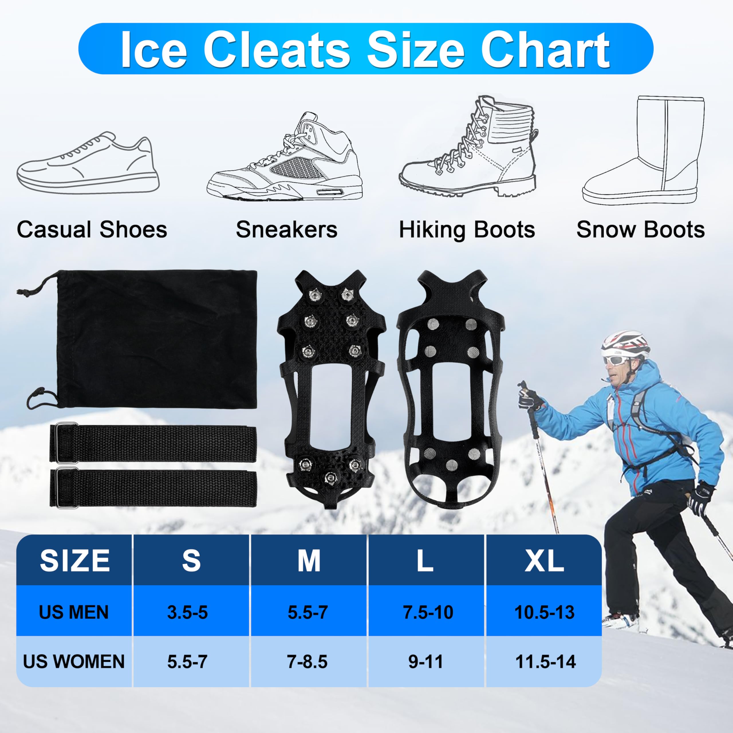 Eisstollen für Schuhe und Stiefel, rutschfester Überschuh, 9 Nieten, Edelstahl-Greifer, Slipper, Stretchschuhe für Spaziergänge, Joggen, Wandern, Bergsteigen, Eis, Schnee