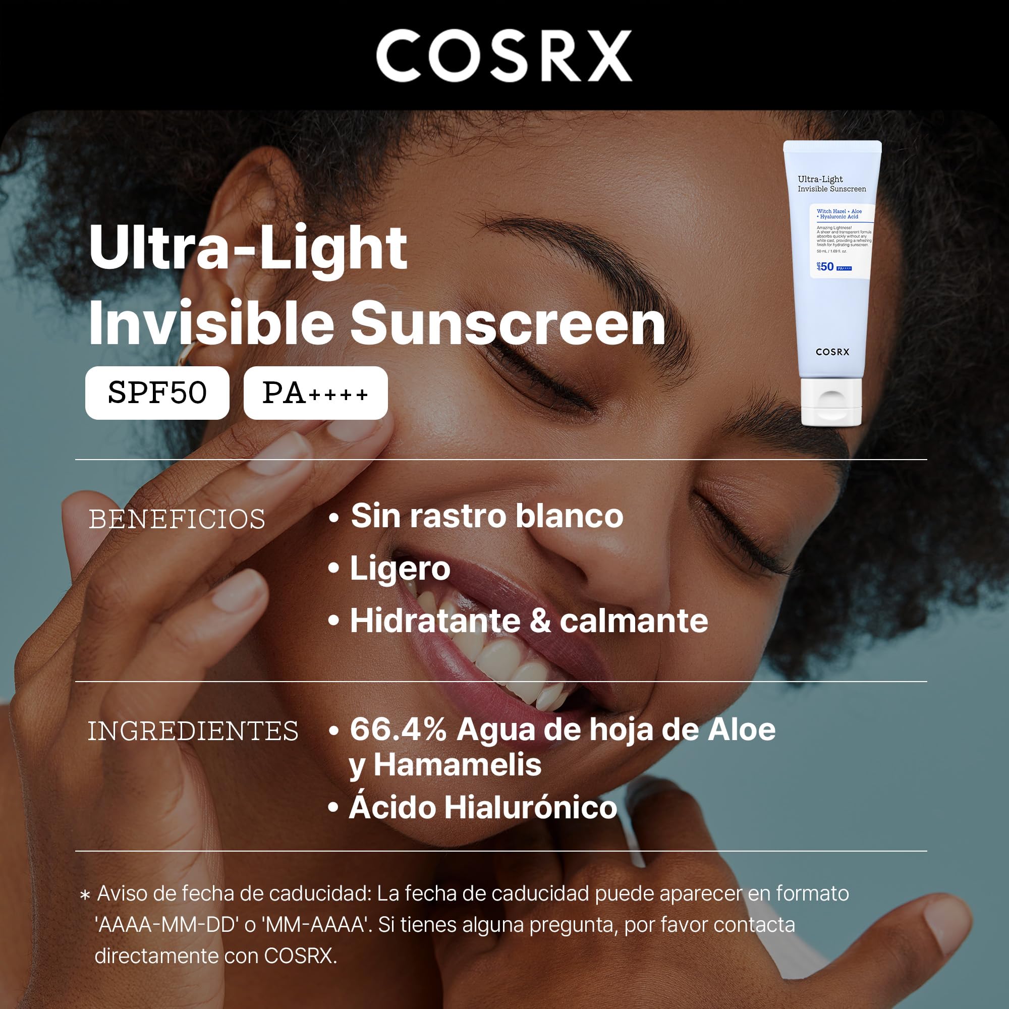 COSRX Ultra-Light Invisible Sunscreen | SPF50 PA++++, Sin Efecto Blanco, Ligero y de Absorción Rápida, Protección UV, Protector Solar Hidratante para la Piel Dañada por el Sol y Seca