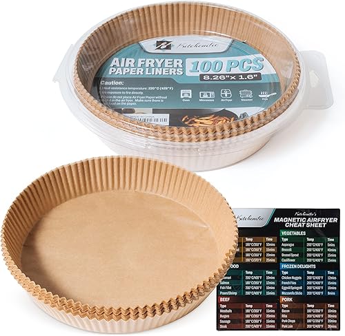 Miniatura 8 de Kitchenific 100 forros desechables para freidora de aire de 8 pulgadas redondos y 1 hoja de trucos magnética para freidora de aire juego de forros