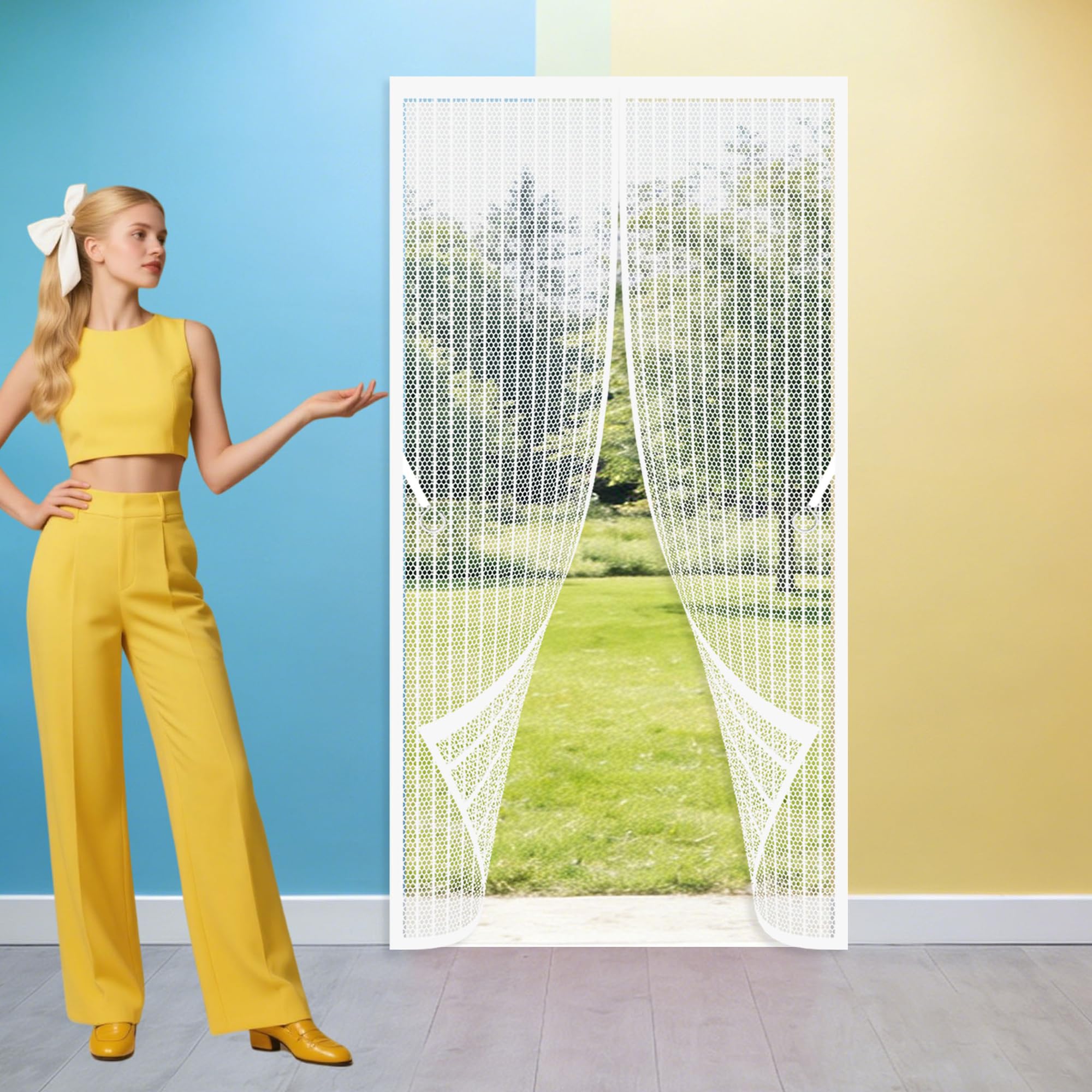 Door Fly Screen Curtain 99 x 212 cm Self Sealing, Hands Free Heavy Duty Bug Mesh Curtain Keeping Out Flies Bug for Living Room, Bedroom, Patio, White