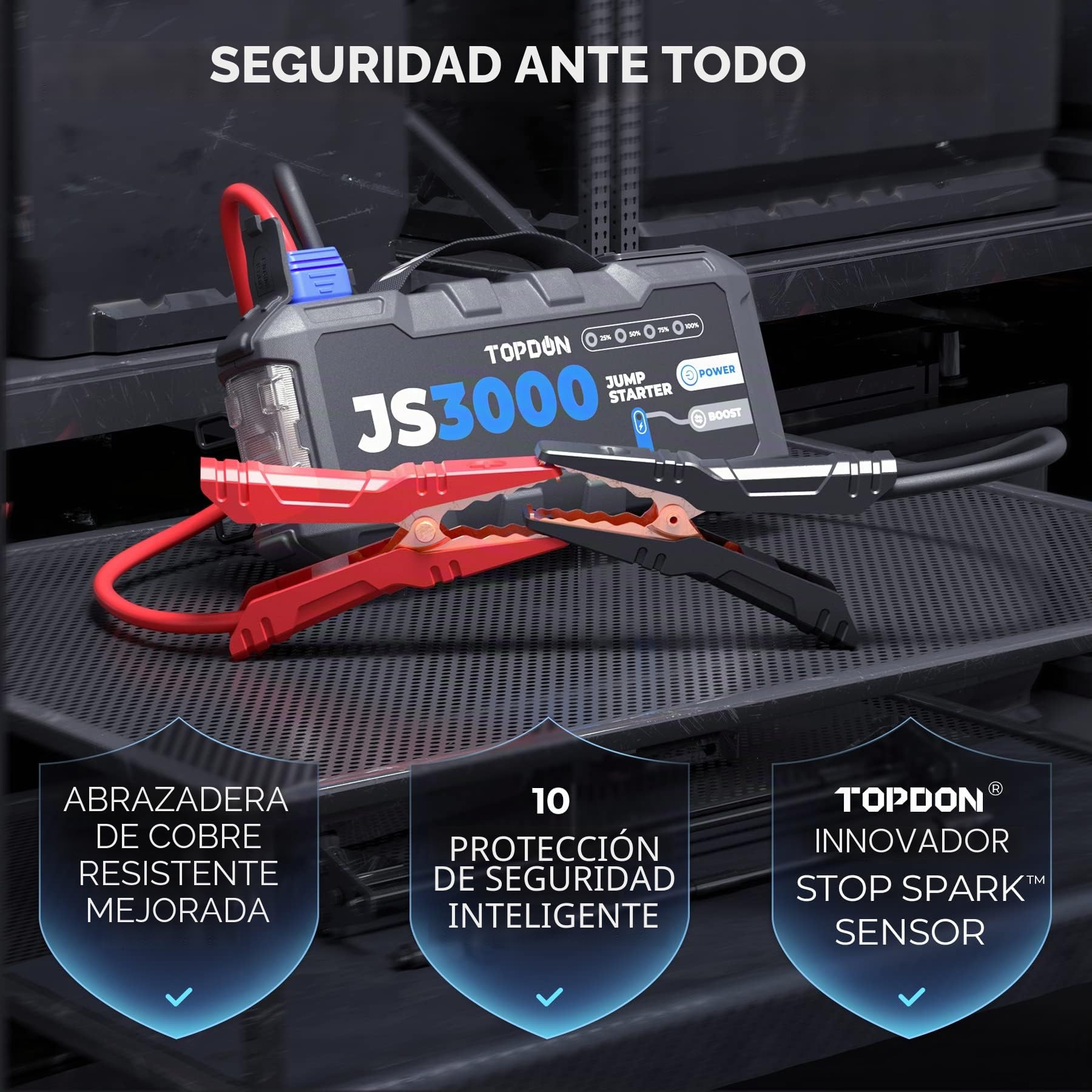 TOPDON Arrancador de Salto de batería de Coche, JS3000 3000A/24000mAh para Motores Diesel de hasta 9L de gas/7L, Cargador de batería de Coche portátil con Cable de Puente de Mango