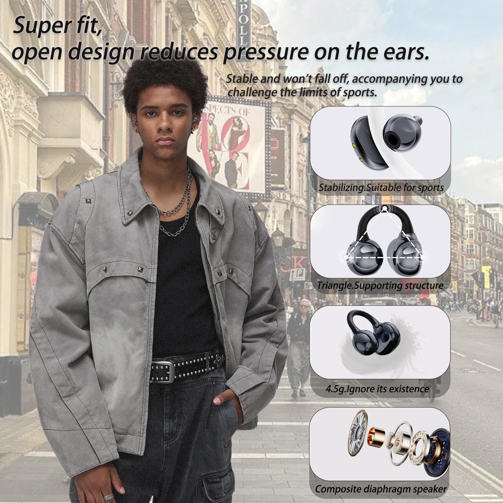 Écouteurs Bluetooth sans Fil, Open-Ear avec Clip, Léger et Stable Seulement 4.5g, Suppression du Bruit, iOS & Android, IP57, Affichage LED, pour Voyage/Deporte/Études/Running Sport - 2