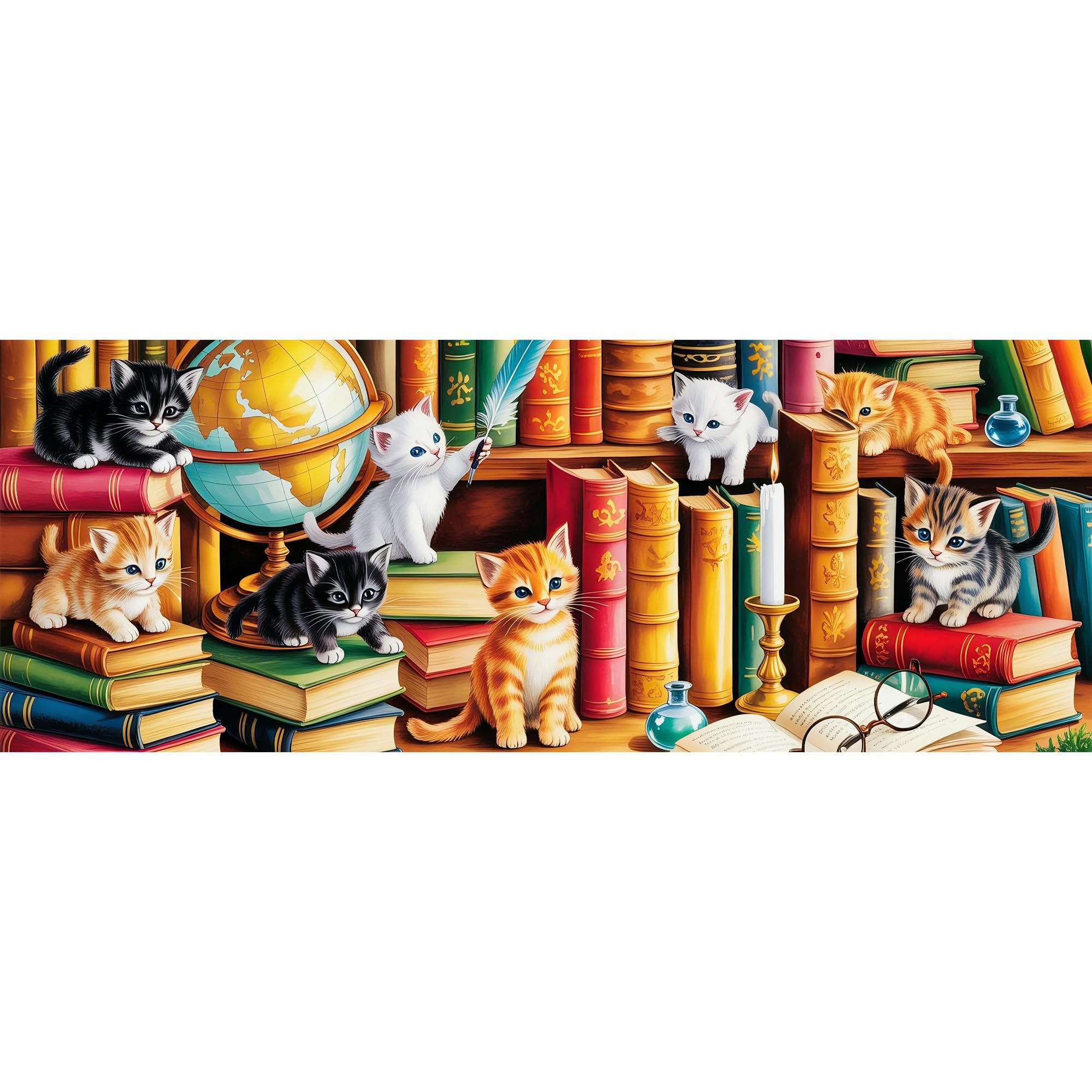 Reofrey Large Diamond Art Kits for Adults Cat on a Bookshelf, 30x80cm Full Drill Round Rhinestone Big Diamond Painting Kit, DIY Cross Stitch Embroidery Canvas for Crafts Home Wall Decor