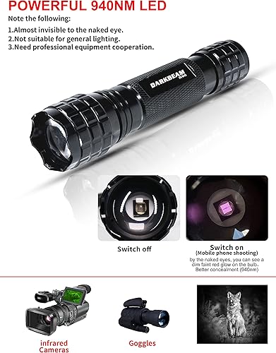 Miniatura 2 de DARKBEAM Linterna IR Infrarrojos 940nm Luces LED Mini para Visión Nocturna, recargable Portátil Táctica IR Iluminador, Enfoque Ajustable para Caza