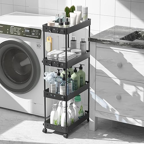 Miniatura 5 de KINGRACK Carrito utilitario rodante de 4 niveles, carrito de arte de almacenamiento para manualidades con divisores ajustables, carrito de servicio