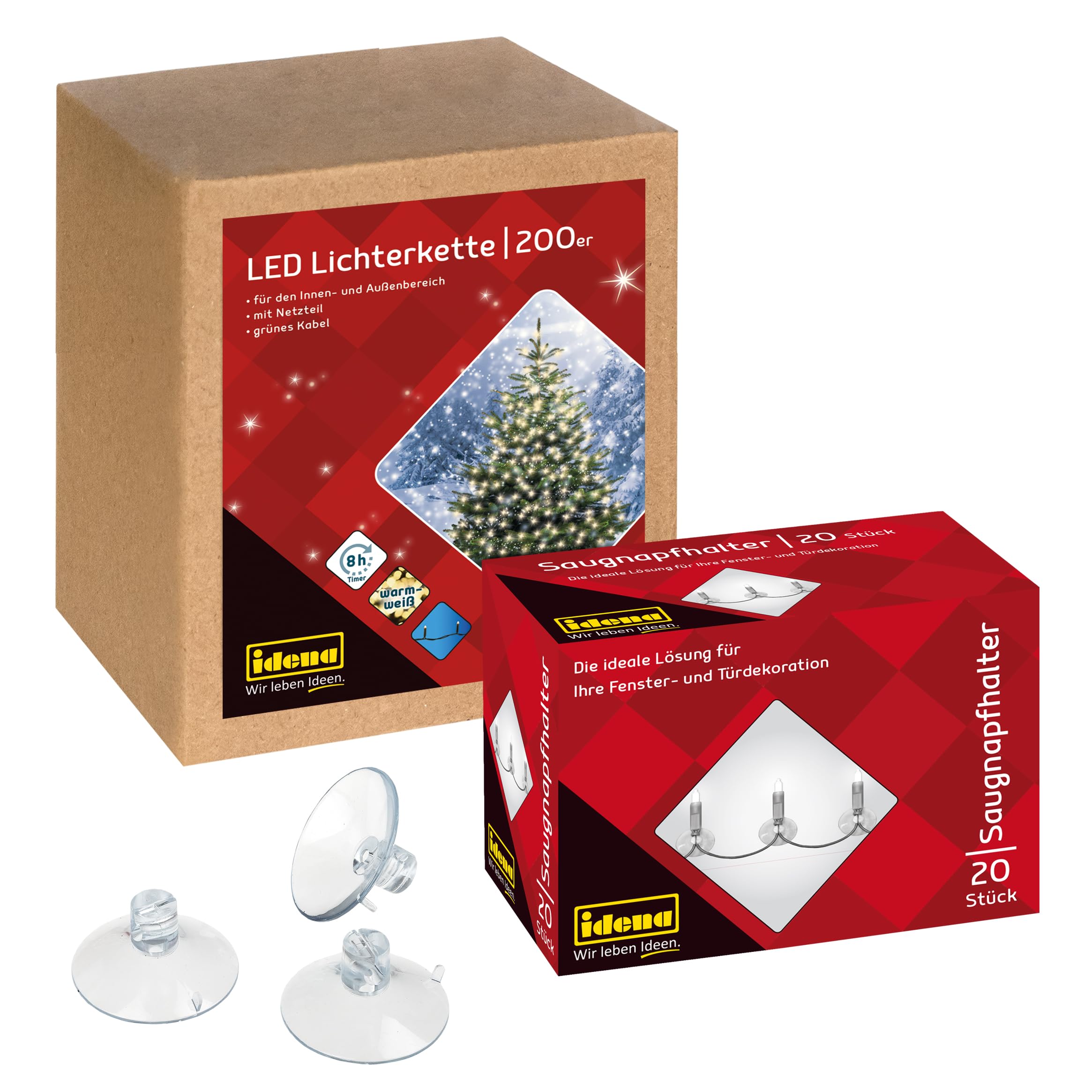 Idena 90214 - Lampki choinkowe LED, 200 diod LED w kolorze złoto-żółtym z timerem, 29,9 m, w tym 20 przyssawek z otworem do mocowania, na zewnątrz i wewnątrz, do dekoracji imprez i na Boże Narodzenie
