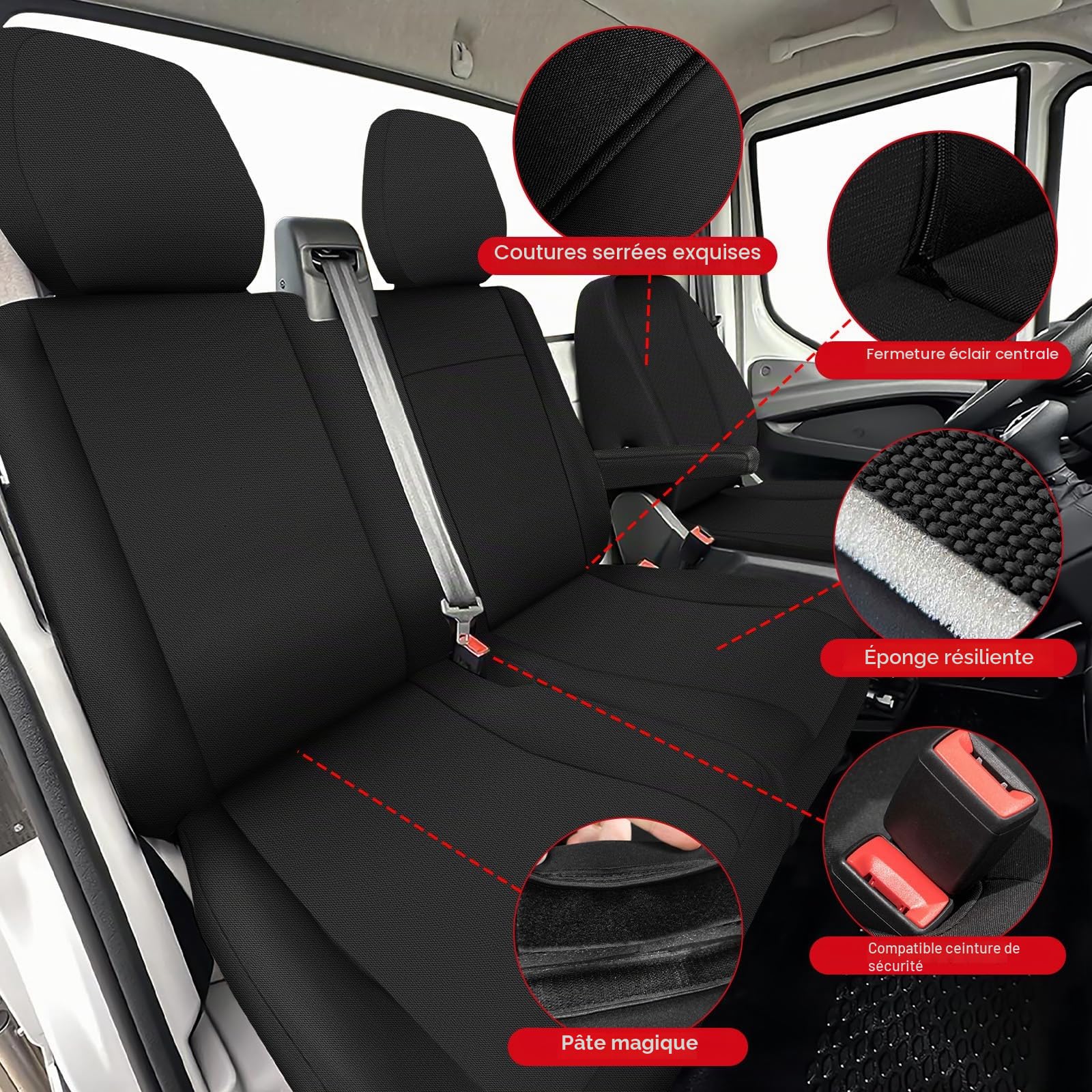 Housse de Siege Voiture, pour Iveco Daily VI 2014-2025 -2+1- Première rangée Housse Voiture Siege Avant, Ensemble de Housses Siège Auto, Noir