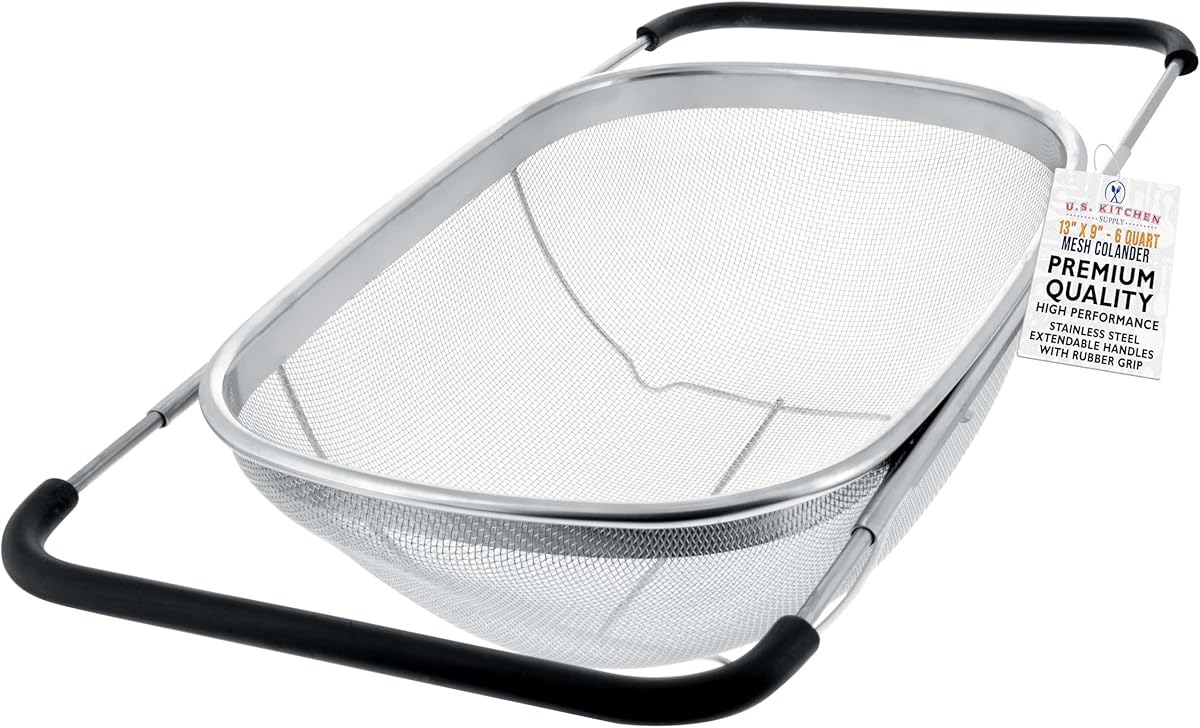 U.S. Kitchen Supply Stainless Steel Colander Strainer - 6-Quart Collapsible Colander with Expandable Rubber Handles - Rectangular Sieve, Fine Mesh Stainless Steel Strainers and Colanders for Kitchen
