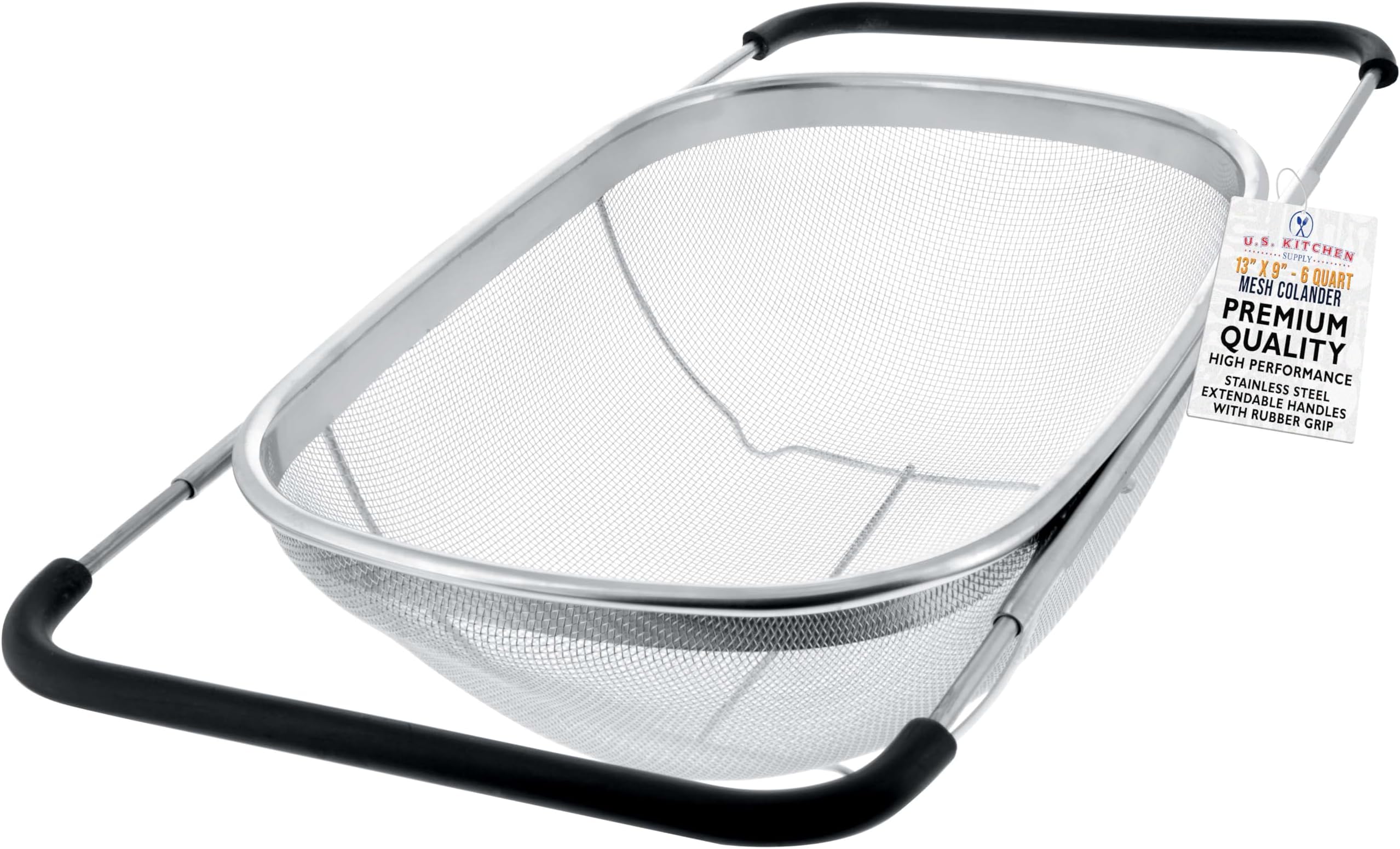 Stainless Steel Colander Strainer - 6-Quart Collapsible Colander with Expandable Rubber Handles - Rectangular Sieve, Fine Mesh Stainless Steel Strainers and Colanders for Kitchen