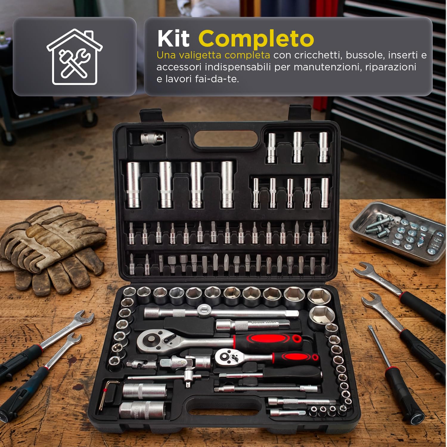 Avilia - Valigetta Universale con 94 Utensili e Custodia Rigida – Set Meccanica Professionale con Cricchetti 1/2" e 1/4" – Kit Completo di Bussole, Punte e Prolunghe per Auto e Fai-da-te