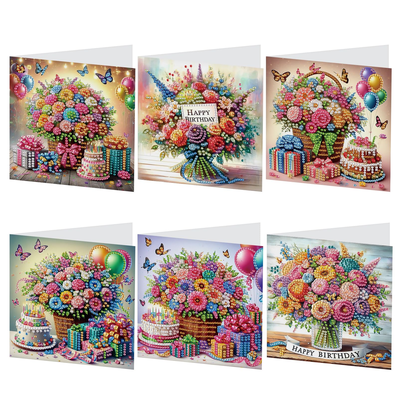 Tontut 6 Pieces Diamond Art Painted Greeting Cards, Flower Basket Gift Butterfly 5D DIY Special Shape Diamond Card Creative Gifts, Christmas Thanksgiving Greeting Card Congratulation