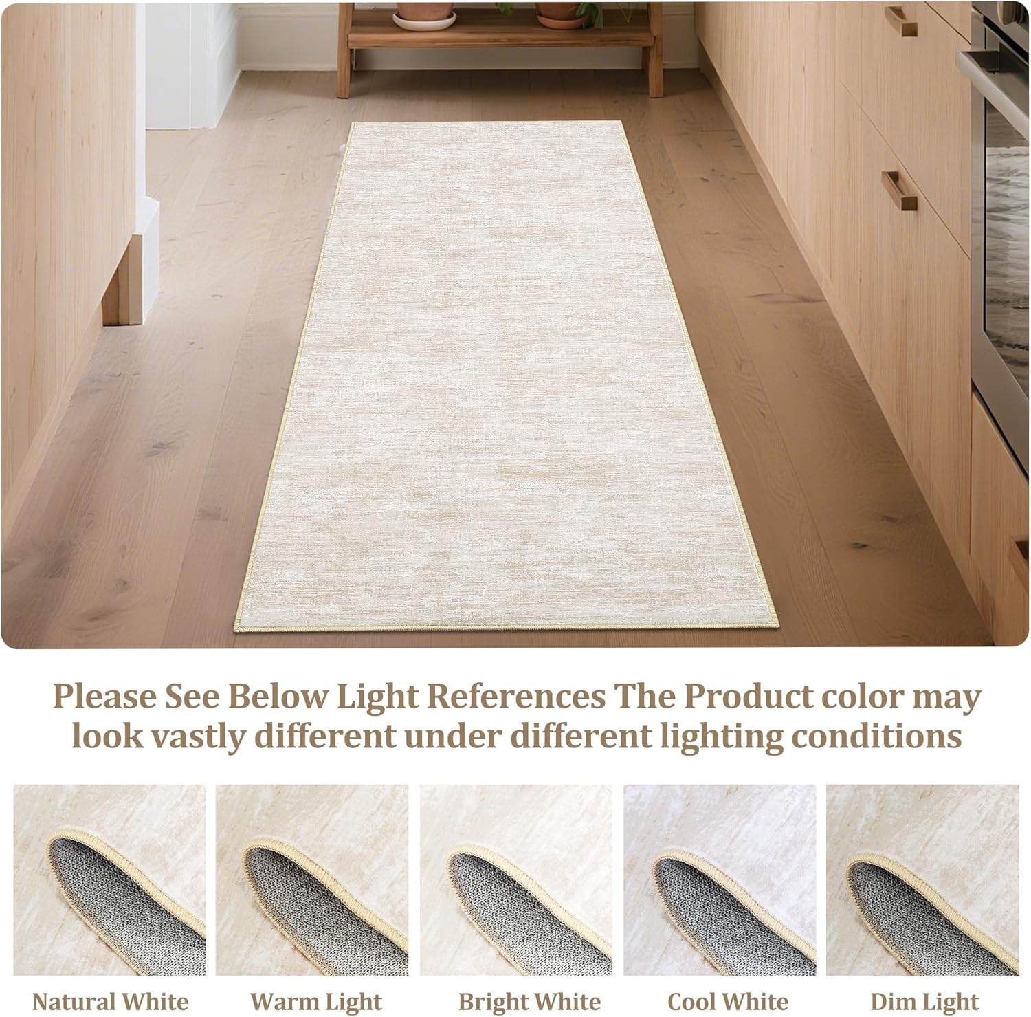 Solid Color Runner Rug 2x6 Washable Soft Low Pile Hallway Runner Rug Foldable Neutral Floor Carpet Non-Slip Non-Shedding Indoor Floor Mat for Entryway Laundry Bedroom Kitchen Beige