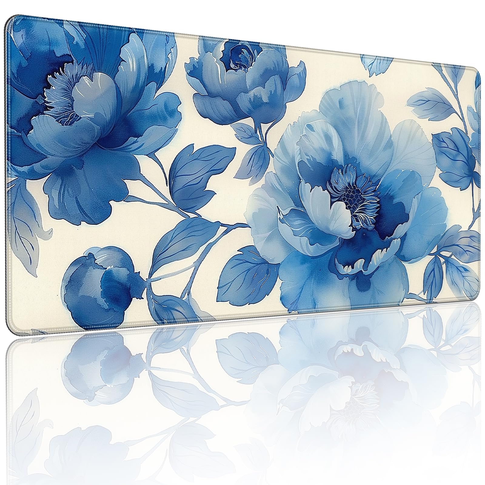 XXL Gaming Mouse Pad, Blue Floral Design, 35.4 x 15.7 Inches, Microfiber Cloth, Rectangular, Non-Slip Rubber Base