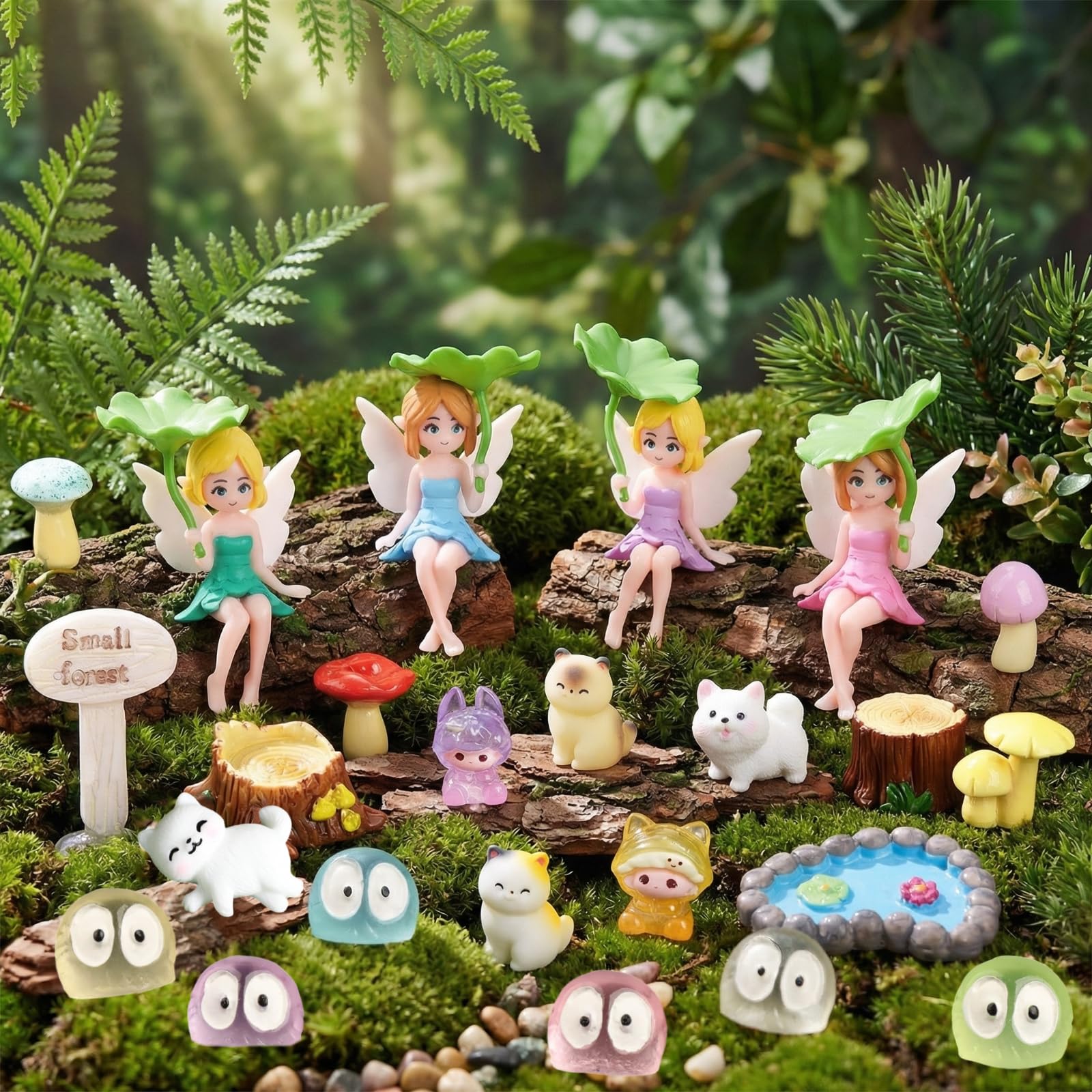 Gmbank Multicolor 24Pcs Fairy Garden Accessories, 4 Miniature Flower Fairies With Miniature Fairy Garden Ornament, Garden Resin Accessories With Kittens, Puppies, Small Mushrooms, Micro Landscape Decorations