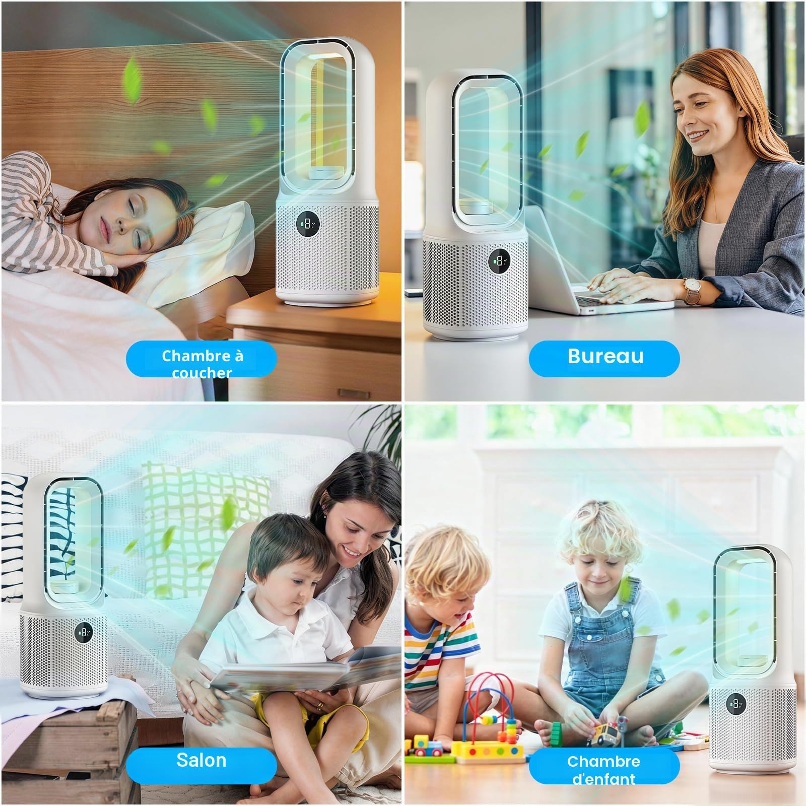13''Ventilateur Sans Pales, 9Vitesses de Ventilation, Rotation à 60°, Veilleuse LED Tricolore à Intensité Variable&Minuterie,Fonctionnement Ultra-Silencieux, pour Chambres et aux Bureaux à Domicile