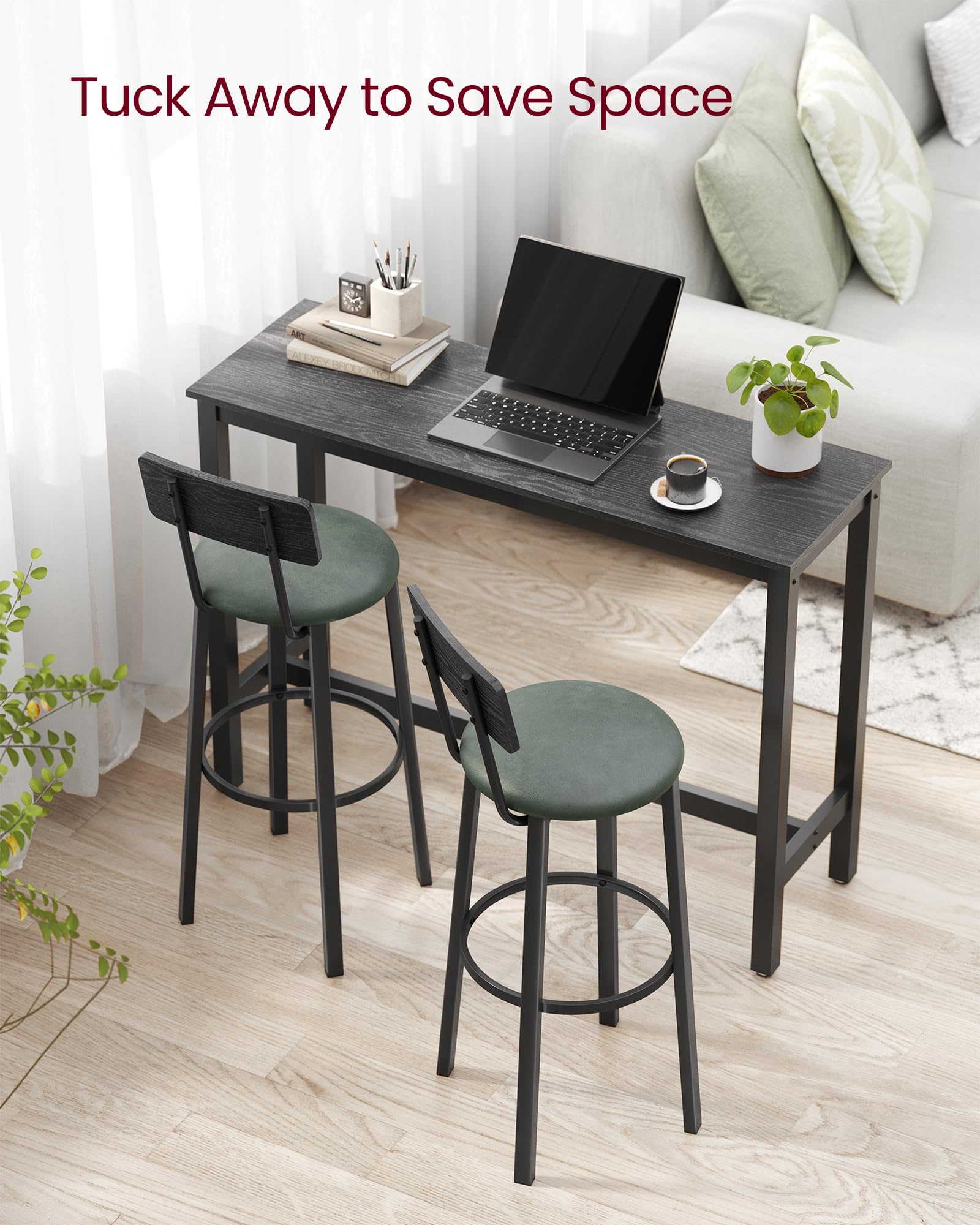 VASAGLE Bar Stools, Set of 2 PU Upholstered Breakfast Stools, Footrest, Simple Assembly, Industrial, ULBC069C01