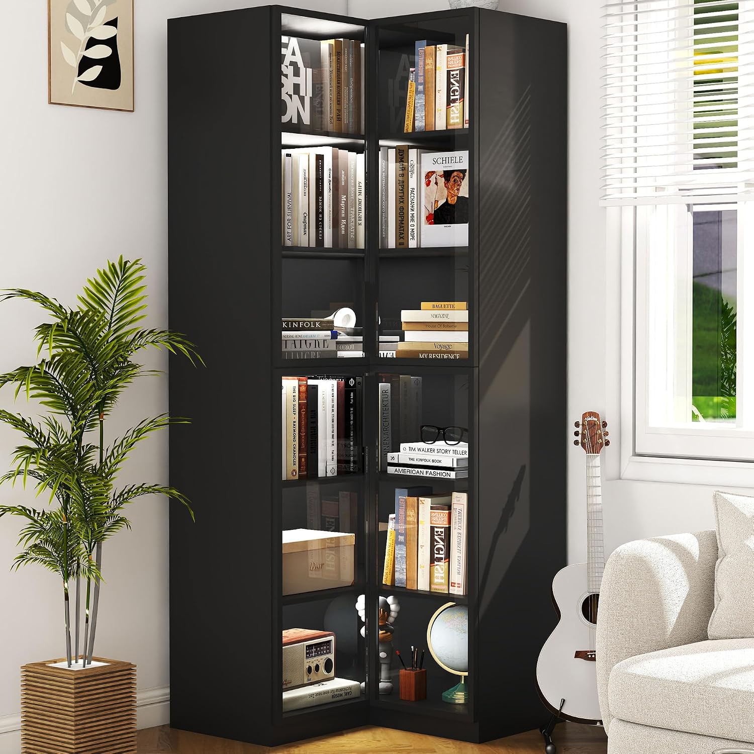 Corner Bookcase with Glass Doors: L Shaped Bookshelf with Storage, Black Display Cabinet with Led Lights, Modern Large Corner Book Shelves 6 Tier (Black)