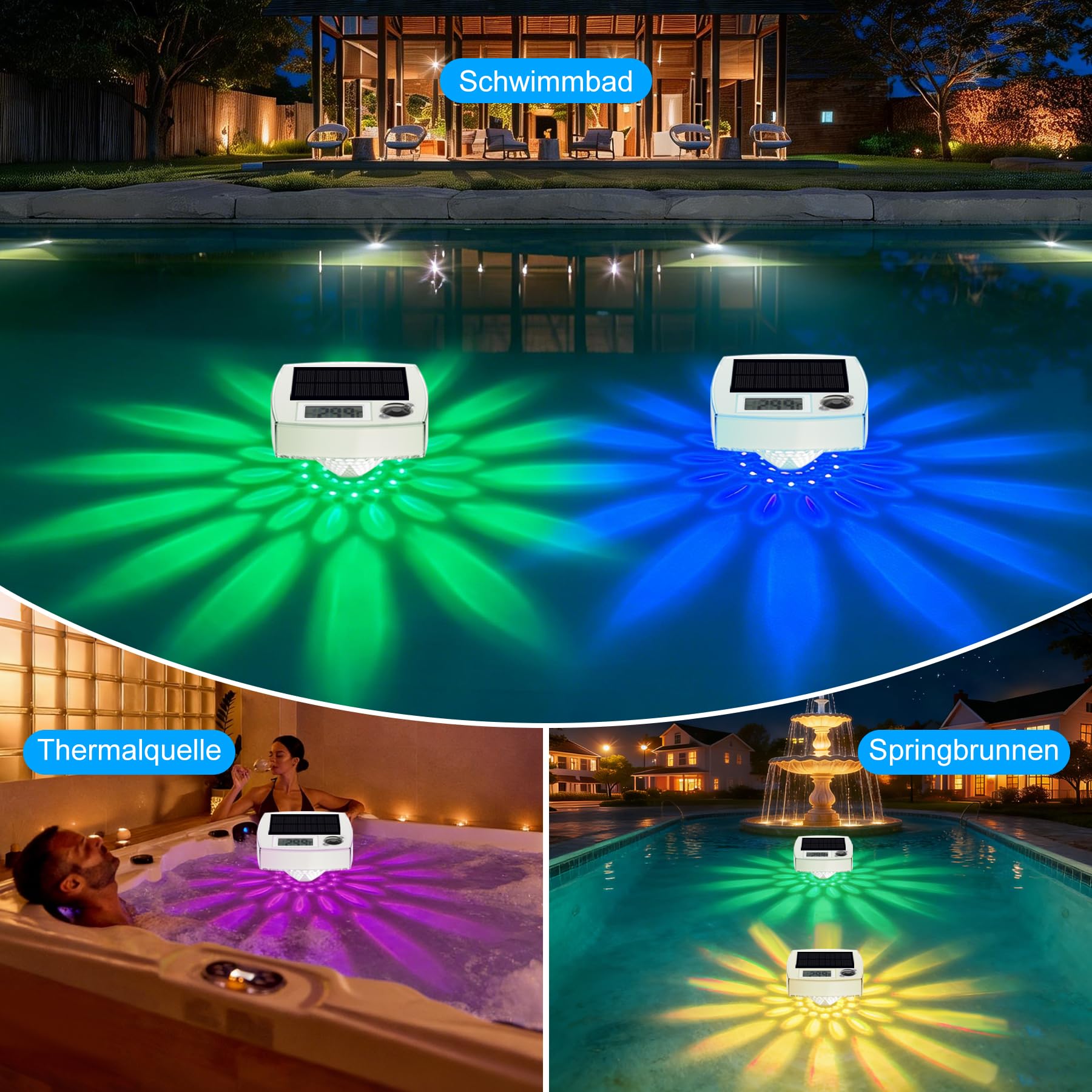 Solar Pool Thermometer Digital, IP68 wasserdicht – Schwimmend,RGB-Nachtlicht,Großer LCD-Display, Tag/Nacht-Sensor,8 Lichtmodi,Manuelle Steuerung,für Schwimmbecken,Spa,Teich