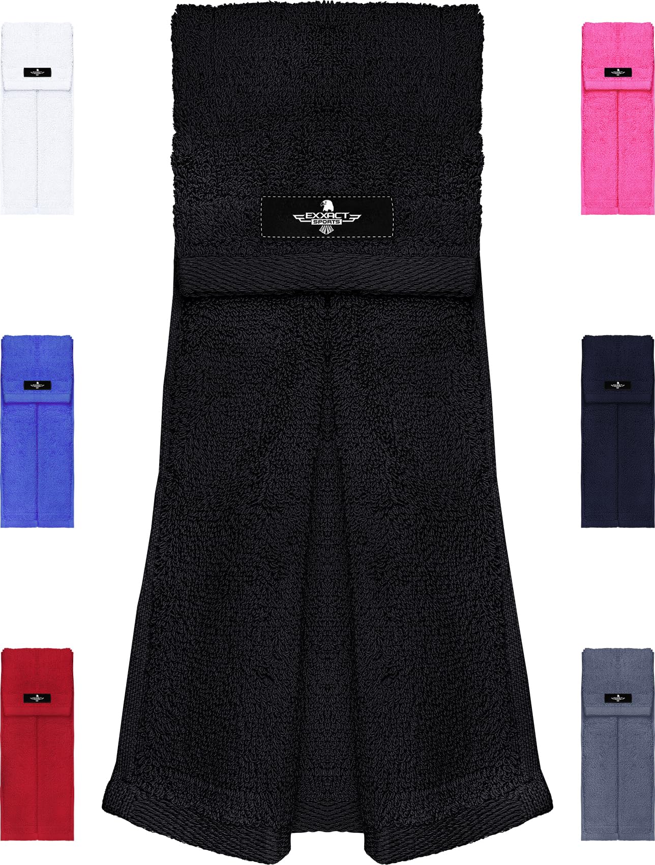 Exxact SportsBlack Football Towel with Hook & Loop Fastener, Quarterback QB Sports Towel to Clean Hands, Visor and Gloves - Highly Absorbent, Quick Dry (Black)