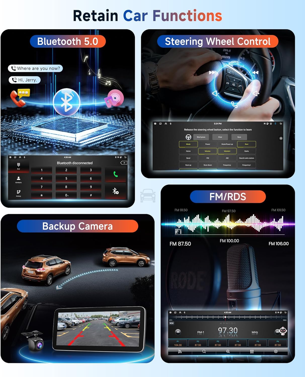 Four panels showing different features: Bluetooth 5.0 for calls, Steering Wheel Control setup, Backup Camera view, and FM/RDS radio interface.