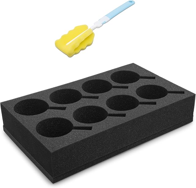 Hawetico Foam Cup Glass Holder - Reinforced Dark Grey Foam Holds 8 Mugs, Sturdy, for Caravans, Camping, Boats, Motorhomes-Complete with Sponge Cup Brush