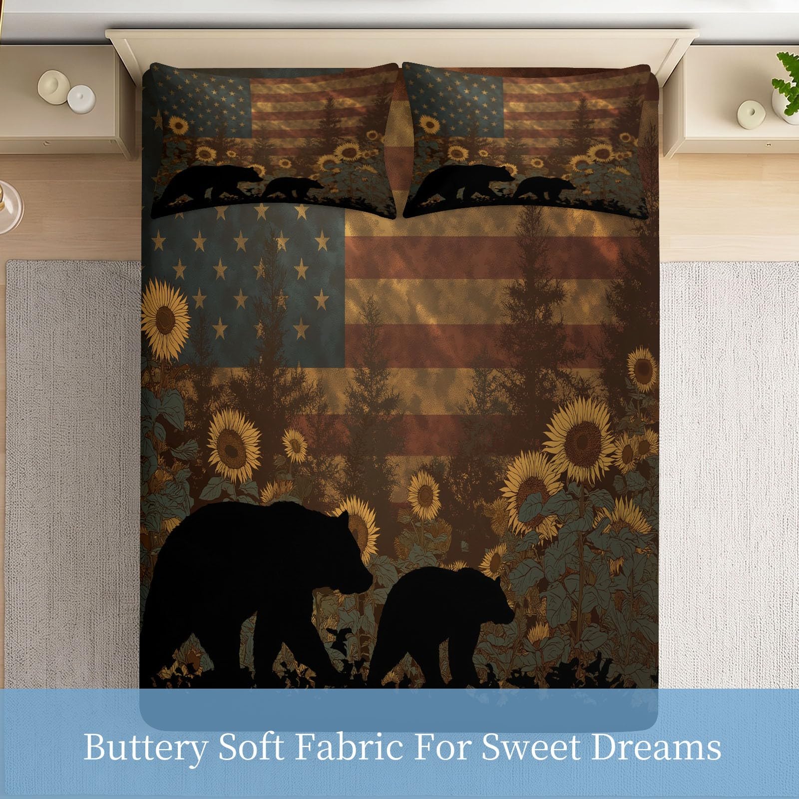 Lenzuolo con angoli patriottico rustico con bandiera degli Stati Uniti, girasole, morbida microfibra, super king 180 x 200 cm, antiscivolo, facile da pulire, per tutte le stagioni, traspirante