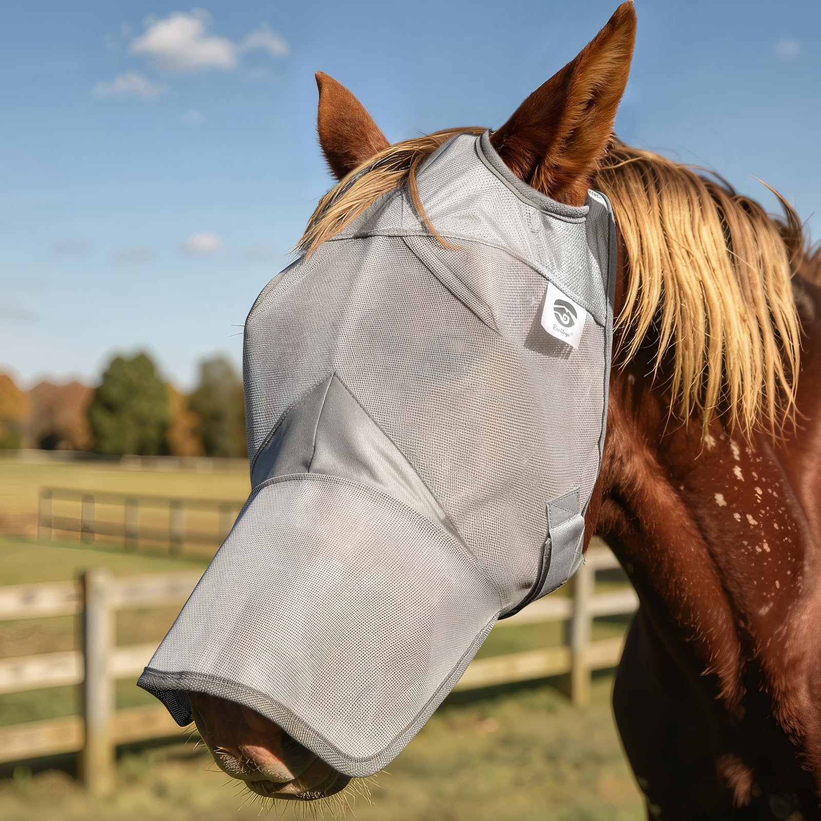Raelitego Máscara de mosca de caballo con nariz, máscaras ajustables para caballos sin orejas (XS)