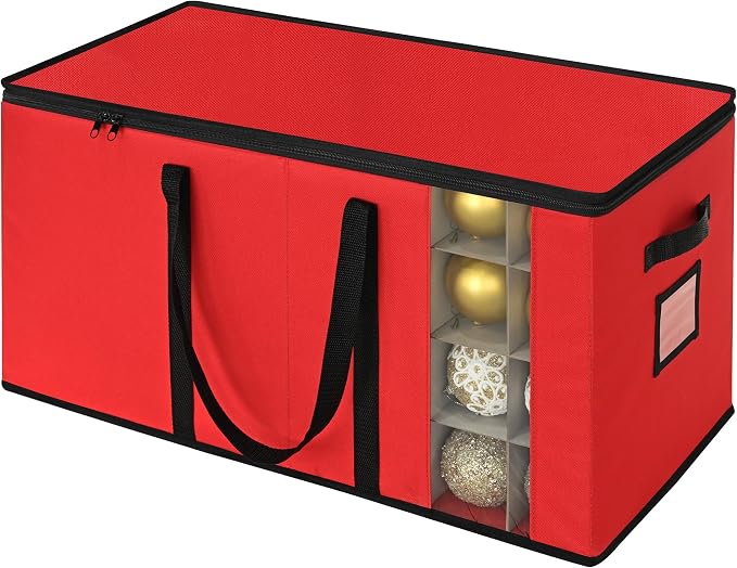 GRANNY SAYS Ornament Organizer Storage box, Christmas Ornament Storage, Stores 128-3" Balls Ornaments, Christmas Storage Containers, Fabric Storage Bins with Dividers, Xmas Containers, Red