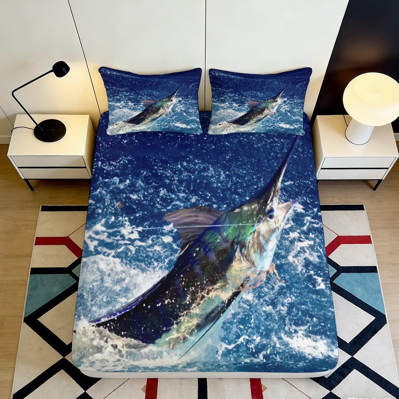 3D Printed Ocean Marlin Fitted Sheet Microfiber Soft Blue Splash Fish Mattress Cover Bedroom Decor 90x200x25cm