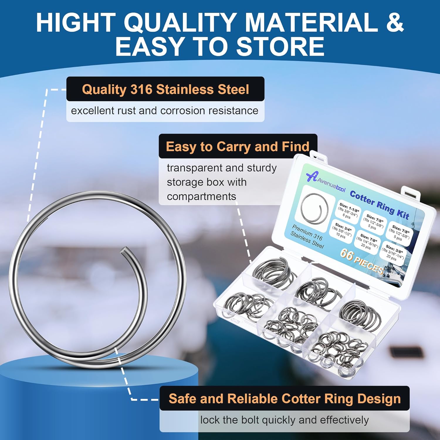 66 Pcs 5 Sizes Stainless Steel Cotter Ring Kit, Durable 316 Stainless Steel Cotter Pins Secure Popular Sizes of Clevis Pins, Upgraded Marine Hardware for Hitch Pin Lock Systems