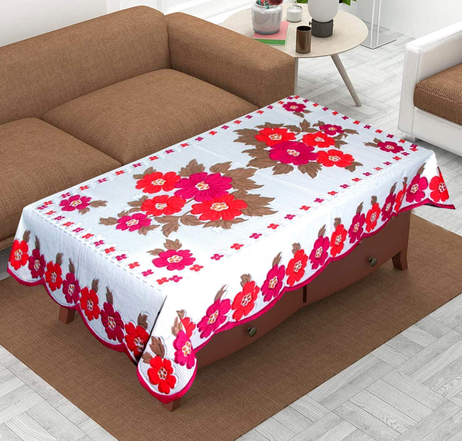Four Leaf Center Table Cover|Cotton Center Table Cover for Living Room|Table Cloth for 4 Seater|(White)
