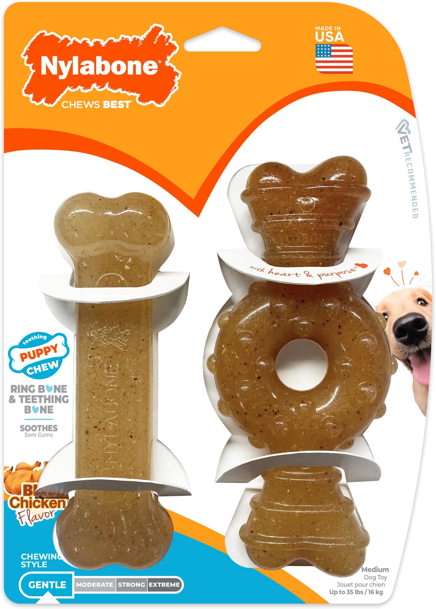Nylabone Puppy Chew & Ring Bone Twin Pack, Soothes Teething with Flexible Material, Promotes Dental Health with Chicken Flavour, Discourages Destructive Chewing for Puppies Up to 16kg, Medium