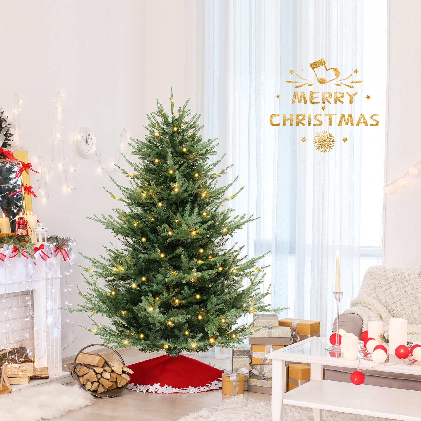 Goplus 6ft Pre-Lit Artificial Christmas Tree, Hinged Full Xmas Pine