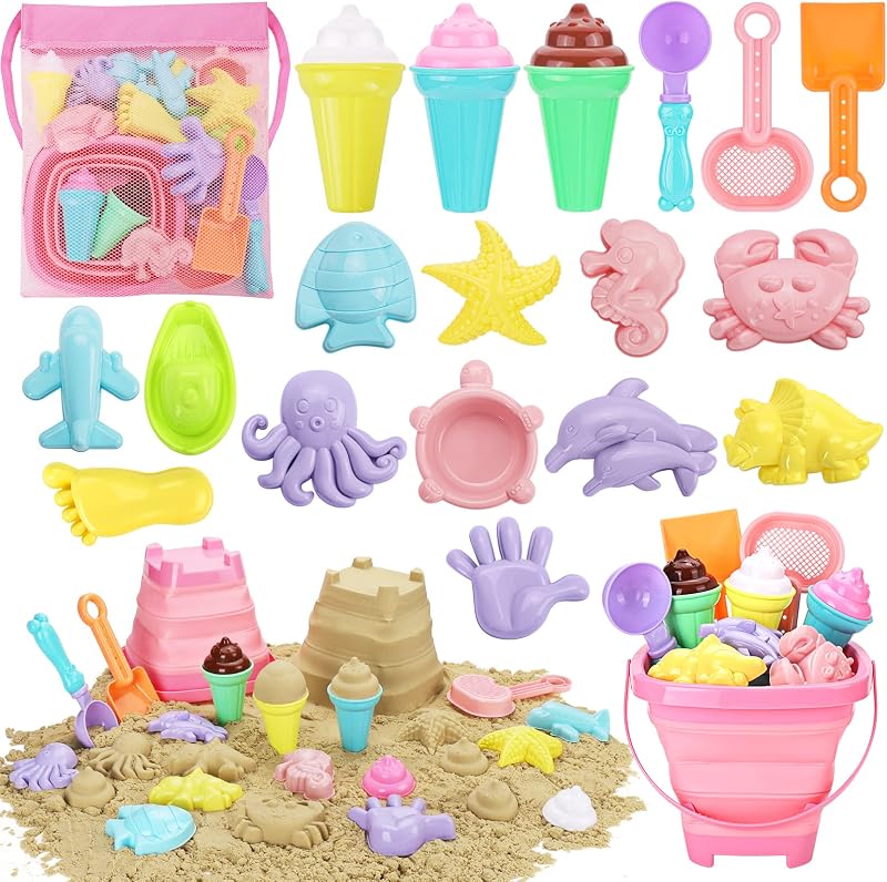 REZUCREY Beach Toys with Ice Cream, Collapsible Buckets for Kids Ages 3-12 | Ice Cream, Sand Molds, Shovel, Mesh Bags for Sandbox, Backyard, Summer Travel, Beach Games, Multi-Scene Party Outdoor Fun