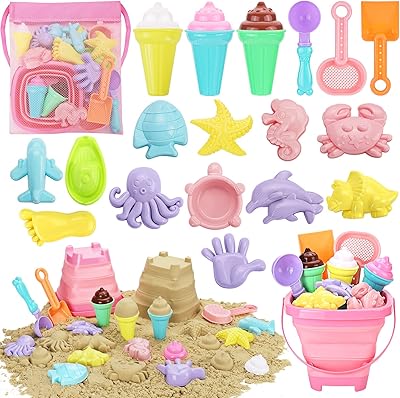 REZUCREY Beach Toys, Ice Cream Sand Toys for Toddlers, with Collapsible Bucket and Shovels for Kids with Bag, Travel Toys for Boys Baby Girls Age 3 4 5 6 7 8+