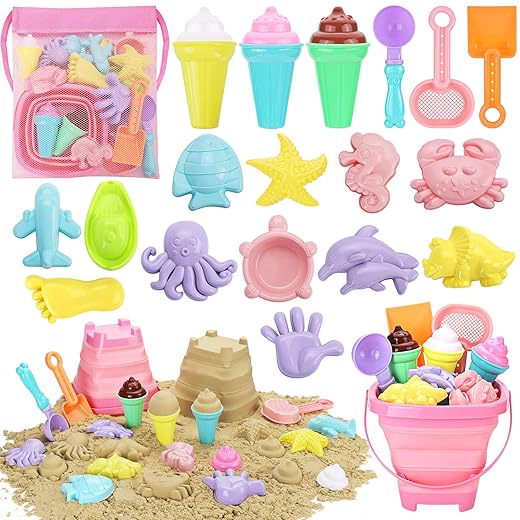 REZUCREY Beach Toys, Ice Cream Sand Toys for Toddlers, with Collapsible Bucket and Shovels for Kids with Bag, Travel Toys for Boys Baby Girls Age 3 4 5 6 7 8+