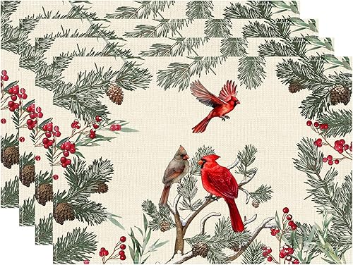 XCHI Cardinal Birds Winter Pine Tree - Juego de 4 manteles individuales de Navidad para fiesta, hogar, cocina, comedor, decoración de mesa de 12 x